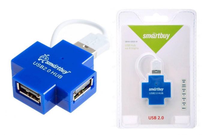 Разветвитель USB HUB 2.0 Хаб Smartbuy 6900, 4 порта, голубой (SBHA-6900-B)