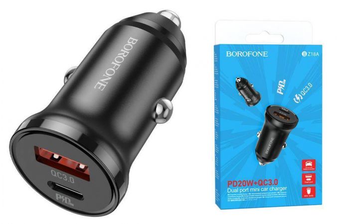 Автомобильное зарядное устройство АЗУ USB + USB-C BOROFONE BZ18A PD 20W + QC3.0 (черный)