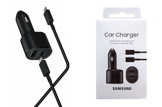 Автомобильное зарядное устройство АЗУ USB + Type-C + кабель Type-C - Type-C Samsung Super Fast (45W+15W) (Черный)