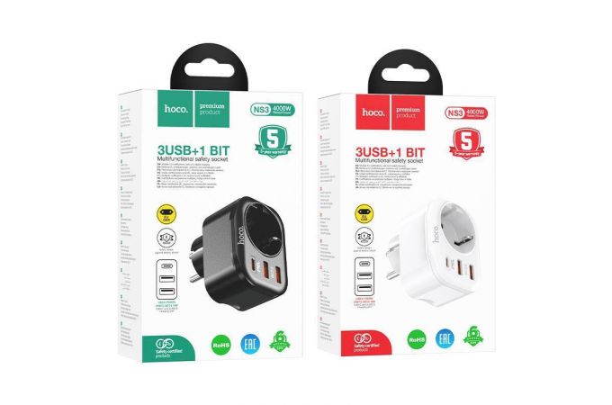 Сетевой адаптер-переходник HOCO NS3 Multifunctional socket (розетка + 2 USB-A+ 1-USB-C ) PD20W Fast (черный) (ABSOLUT)
