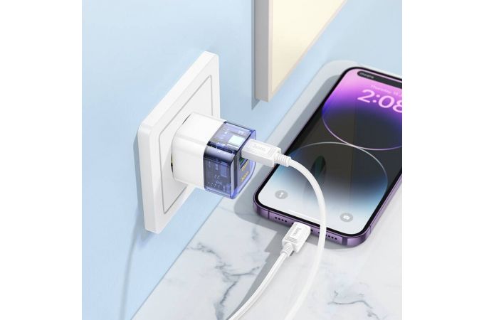 Сетевое зарядное устройство 2USB-C + кабель Lightning - Type-C HOCO C131A Platinum PD30W +QC 3.0  (черный прозрачный)