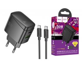Сетевое зарядное устройство USB + USB-C + кабель Type-C - Type-C HOCO CS61A Bright PD30W+QC3.0 (черный)