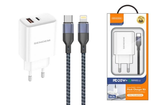 Сетевое зарядное устройство USB-C + кабель Lightning – Type-C SENDEM OG33 (белый)