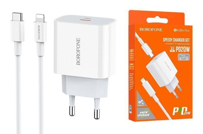 Сетевое зарядное устройство USB + кабель Lightning - Type-C BOROFONE BA38A PD20W+QC 3.0 (белый)
