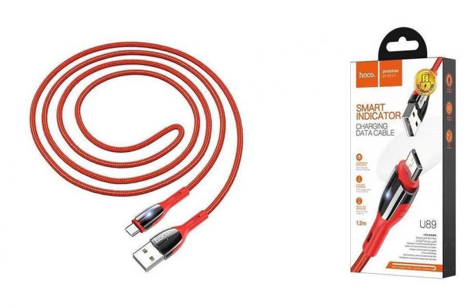 Кабель USB - USB Type-C HOCO U89, 3A (красный) 1,2м (в оплетке, LED индикатор)