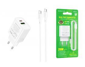 Сетевое зарядное устройство USB + USB-C + кабель Type-C BOROFONE BA88A Navy PD20W+QC3.0 (белый)