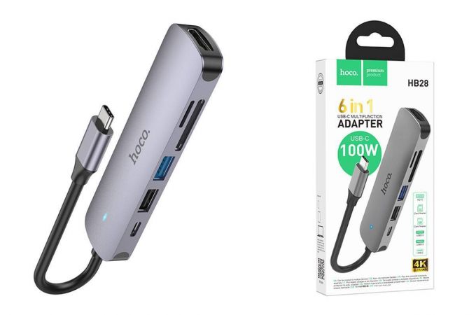 Разветвитель USB HUB 3.0 HOCO HB28 Type-C multi-function converter(HDTV+USB3.0+USB2.0+SD+TF+PD) (Metal Gray)