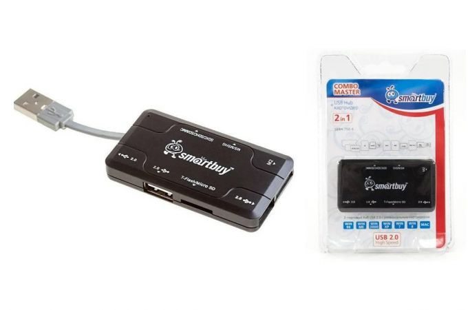 Картридер + Хаб Smartbuy 750, USB 2.0 3 порта+SD/microSD/MS/M2 Combo, черный (SBRH-750-K)