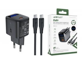 Сетевое зарядное устройство USB-C + кабель Type-C - Type-C ACEFAST A113 PD20W GaN with digital display set (P5)(EU) Black (черный)