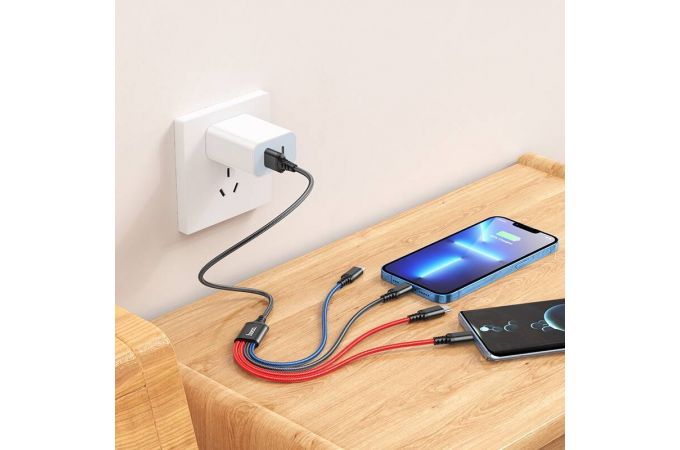 Кабель USB 4 в 1 HOCO X76 Lightning/Micro/Type-C/Type-C (красно/синий) 1м