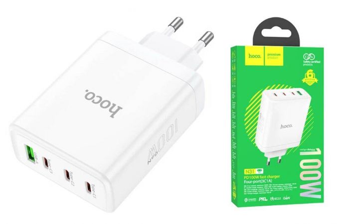 Сетевое зарядное устройство USB + 3 USB-C HOCO N31 Glory PD100W (белый)