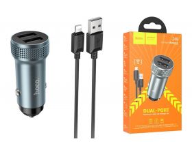 Автомобильное зарядное устройство АЗУ 2USB + кабель Lightning HOCO Z49 Level (серый)