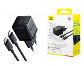Сетевое зарядное устройство USB + USB-C + кабель Type-C - Type-C BASEUS Palm Fast Charger 30W 1m Cluster Black (черный)