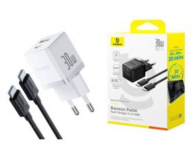 Сетевое зарядное устройство USB + USB-C + кабель Type-C - Type-C BASEUS Palm Fast Charger 30W EU Moon White