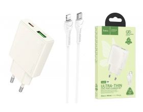 Сетевое зарядное устройство USB + USB-C + кабель Lightning-Type-C HOCO N45 PD30W+ QC 3.0 (бело-лунный)