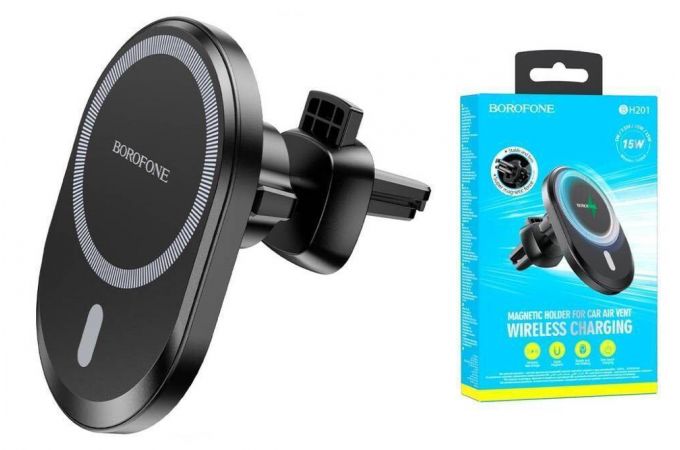 Держатель автомобильный для телефона BOROFONE BH201 magnetic wireless Fast charger в решетку воздуховода черный