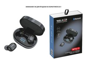 Наушники вакуумные беспроводные WALKER WTS-11, сенс. управление, независ. работа наушников, цифр. индикатор заряд, черные