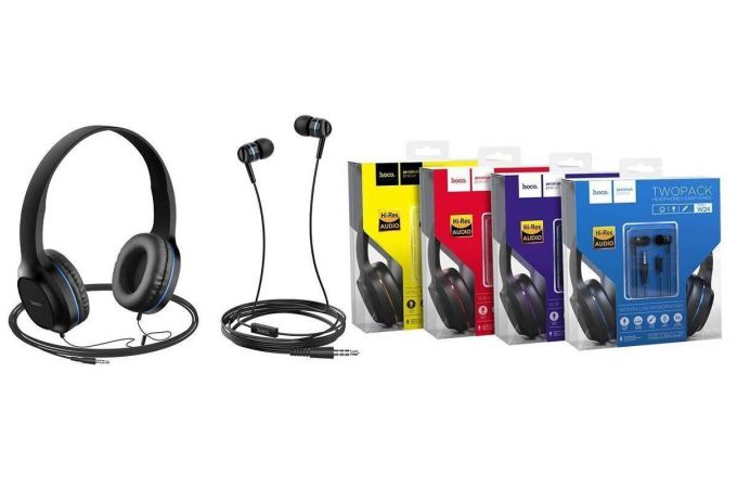 Наушники мониторные проводные HOCO W24 Enlighten headphones with mic set (черно-голубой)