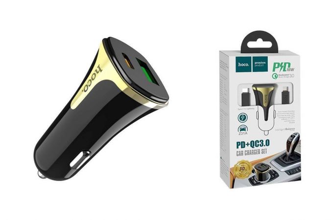 Автомобильное зарядное устройство АЗУ USB + Type-C + кабель Lightning HOCO Z31A Colossus PD+QC3.0 car charger set (черный)