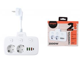 Сетевой тройник Amper 0,1м, 2 розетки, 3*0,75мм, 10А, 2500 Вт, 3usb, 1Type-C, 3кн, белый. T2435W