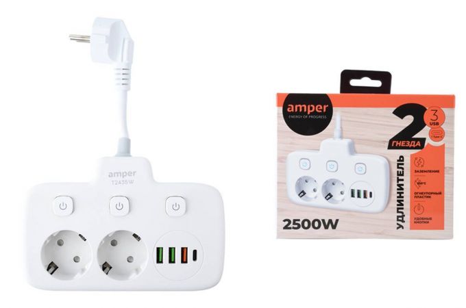 Сетевой тройник Amper 0,1м, 2 розетки, 3*0,75мм, 10А, 2500 Вт, 3usb, 1Type-C, 3кн, белый. T2435W