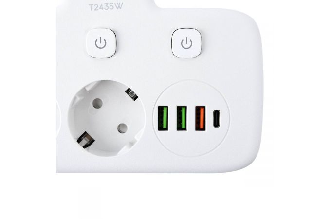 Сетевой тройник Amper 0,1м, 2 розетки, 3*0,75мм, 10А, 2500 Вт, 3usb, 1Type-C, 3кн, белый. T2435W