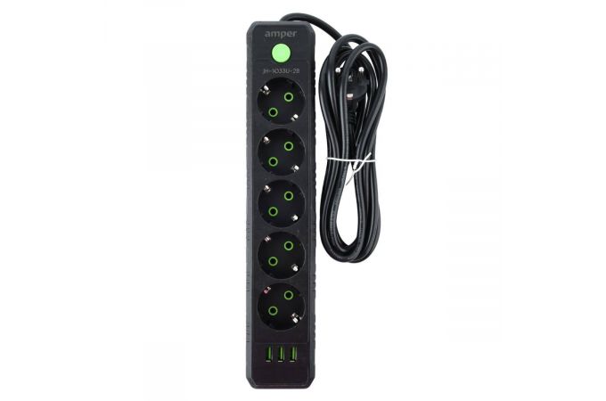 Сетевой фильтр Amper 2,0м, 5 розеток, 10А, 2500 Вт, 3usb, черный. JH-1033U-2B