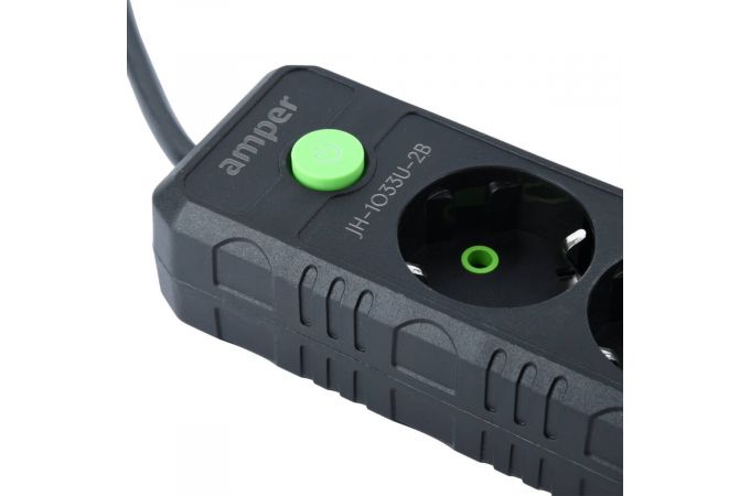 Сетевой фильтр Amper 2,0м, 5 розеток, 10А, 2500 Вт, 3usb, черный. JH-1033U-2B