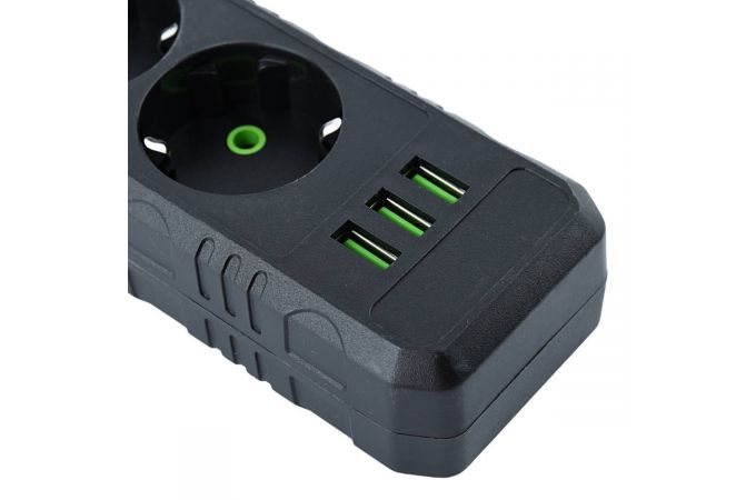 Сетевой фильтр Amper 2,0м, 5 розеток, 10А, 2500 Вт, 3usb, черный. JH-1033U-2B