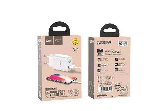 Сетевое зарядное устройство 2USB + кабель MicroUSB HOCO C62A Victoria Fast Charging 2400mAh (белый)