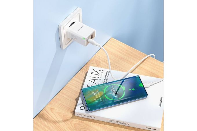 Сетевое зарядное устройство USB + USB-C + кабель Type-C BOROFONE BN16 Tough PD45W+QC 3.0 (белый)