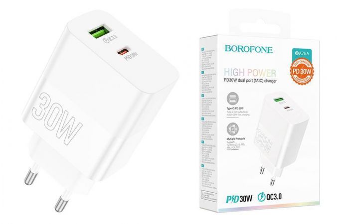 Сетевое зарядное устройство USB + USB-C BOROFONE BA75A Resource PD30W+ QC 3.0 (белый)