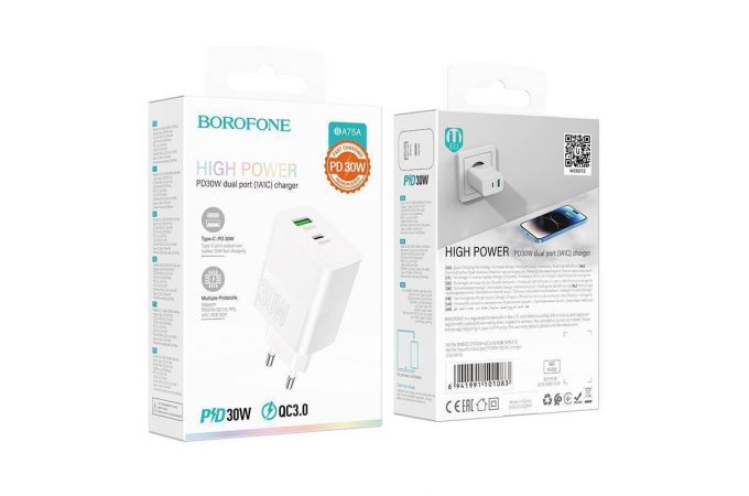 Сетевое зарядное устройство USB + USB-C BOROFONE BA75A Resource PD30W+ QC 3.0 (белый)