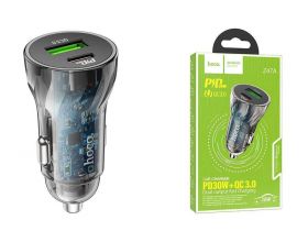 Автомобильное зарядное устройство АЗУ USB + USB-C HOCO Z47A Transperent PD30W+QC3.0 (черный прозрачный)