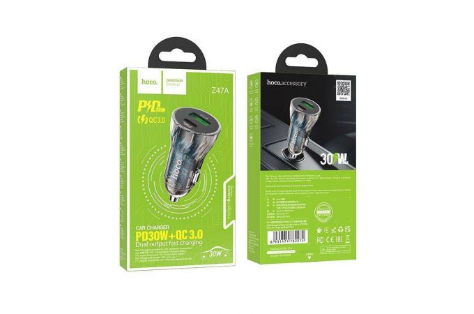 Автомобильное зарядное устройство АЗУ USB + USB-C HOCO Z47A Transperent PD30W+QC3.0 (черный прозрачный)
