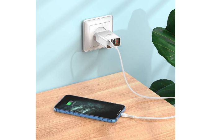 Сетевое зарядное устройство USB + USB-C + кабель Lightning - Type-C HOCO C100A charger PD20W+QC3.0 (белый)