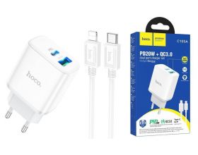Сетевое зарядное устройство USB + USB-C + кабель Lightning - Type-C HOCO C105A charger PD20W+QC3.0 (белый)