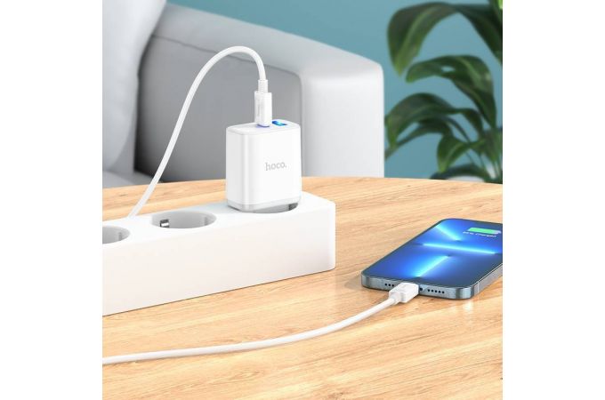 Сетевое зарядное устройство USB + USB-C + кабель Lightning - Type-C HOCO C105A charger PD20W+QC3.0 (белый)