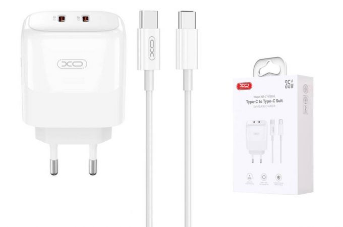 Сетевое зарядное устройство 2USB-C + кабель Type-C-Type-C XO L140(EU) Dual C35W Fast Chargers White