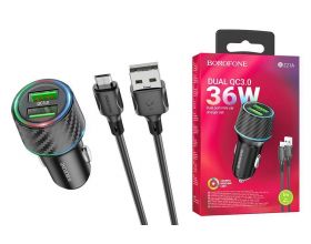 Автомобильное зарядное устройство АЗУ 2USB + кабель MicroUSB BOROFONE BZ21A Briliant 36W QC3.0 (черный)