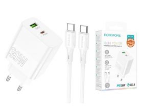Сетевое зарядное устройство USB+USB-C + кабель Type-C-Type-C BOROFONE BA75A Powerful PD30W + QC3.0 (белый)