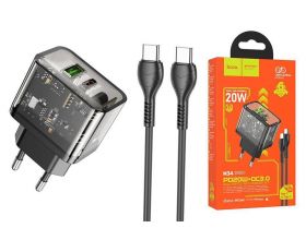 Сетевое зарядное устройство USB + USB-C + кабель Type-C HOCO N34 PD20W + QC3.0 (черный)