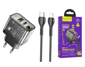 Сетевое зарядное устройство USB + USB-C + кабель Lightning-Type-C HOCO N34 Dazzling PD20W+ QC 3.0 (прозрачно-черный)