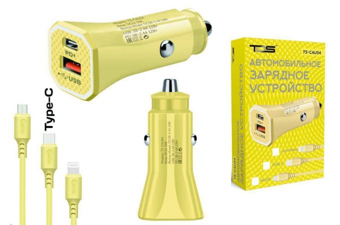 Автомобильное зарядное устройство АЗУ USB + кабель Type-C TDS TS-CAU54 (PD12W,2400mA) (желтый)