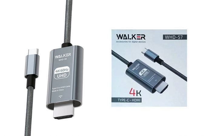 Кабель HDMI/TYPE-C WALKER WHD-58 (2 м), поддержка 4К/60Гц (без доп. питания), серый