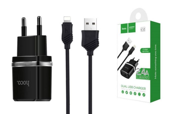 Сетевое зарядное устройство 2USB + кабель Lightning HOCO C12 2400mAh (черный)