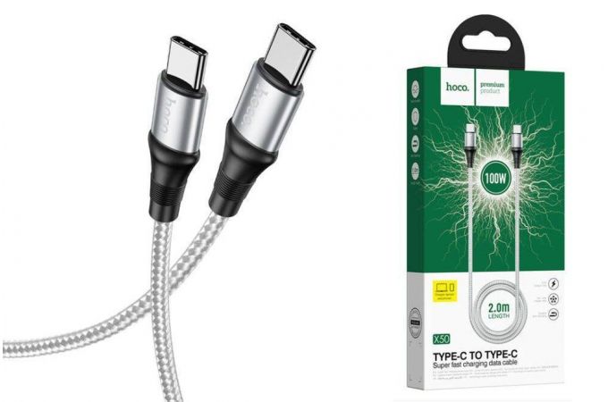 Кабель USB Type-C - USB Type-C HOCO X50, 5A/20V, PD100W (серый) 2м (в оплетке)