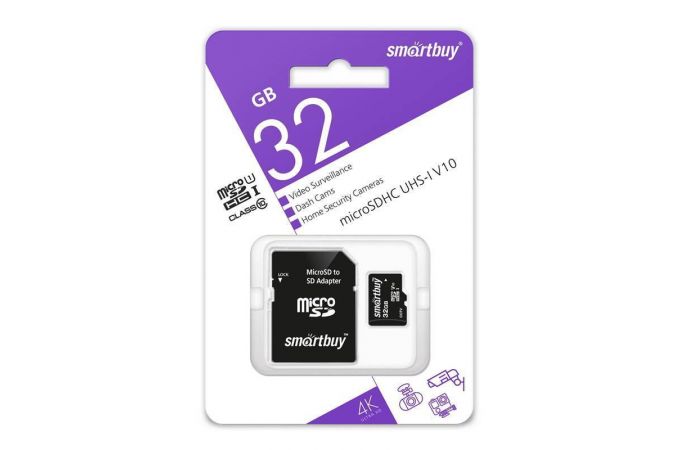 Карта памяти microSDHC Smartbuy 32 GB cl10 U1 V10 для видеонаблюдения (с адаптером SD)