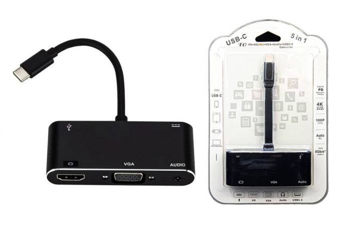 Конвертер переходник Type-C (папа) - HDMI 4K (мама) + USB3.0 (мама) + VGA (мама)