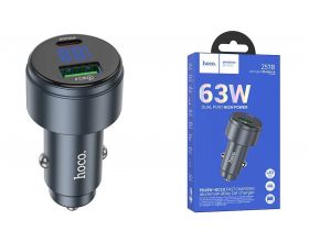 Автомобильное зарядное устройство АЗУ USB + USB-C HOCO Z57B Glorious 63W dual-port digital display PD45W+QC3.0 (серый)